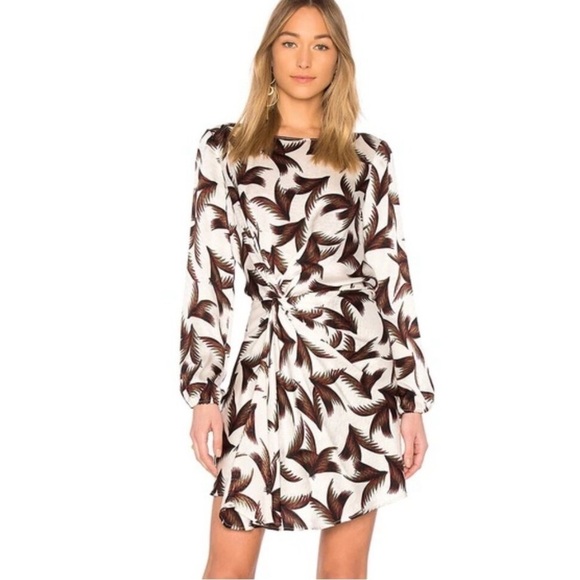 A.L.C. Freja Silk Palm Print Twist Knot Front Mini Dress in Eggshell Khaki Sz 4 - Picture 2 of 13